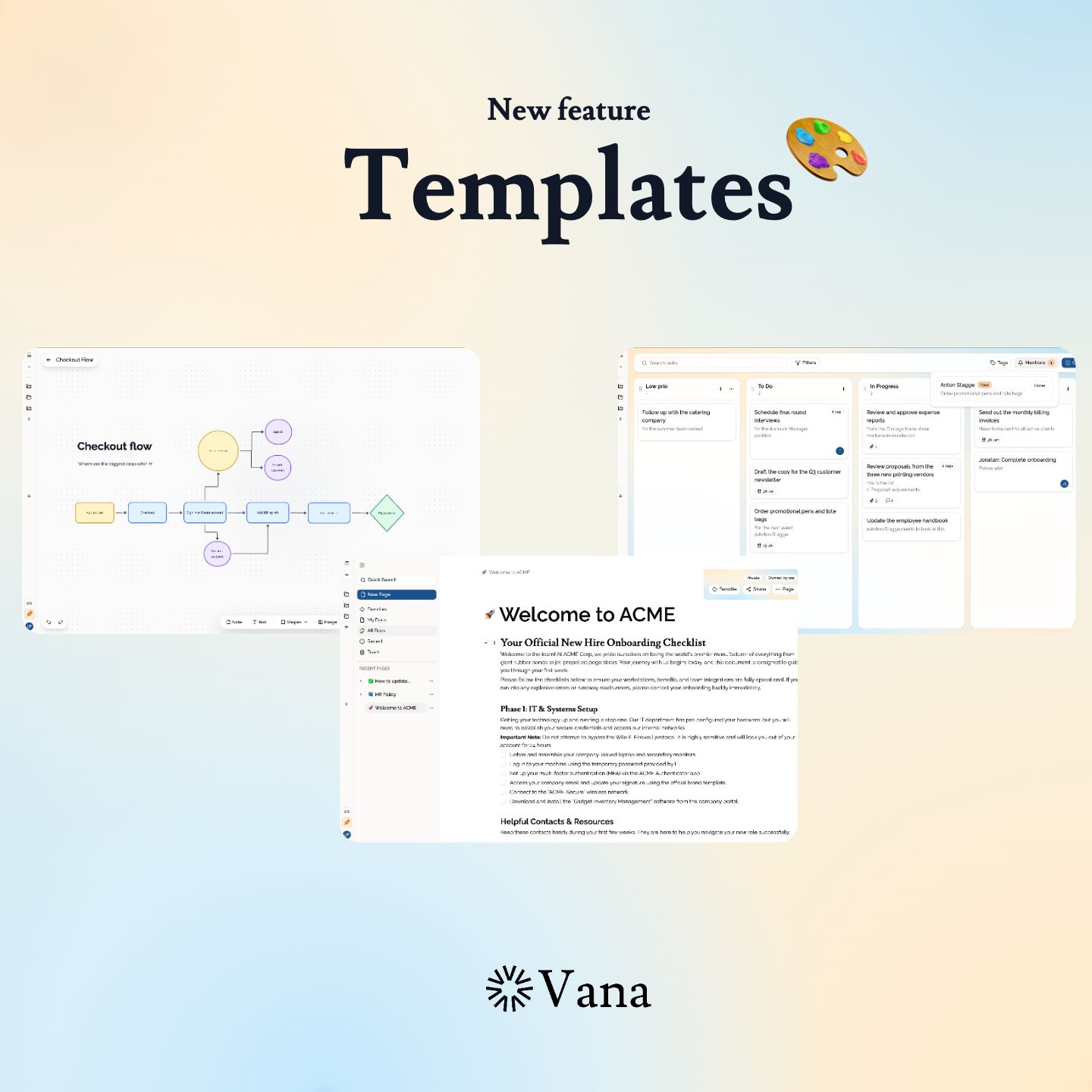 Vana templates announcement showing a company wiki, whiteboard, and ticket board